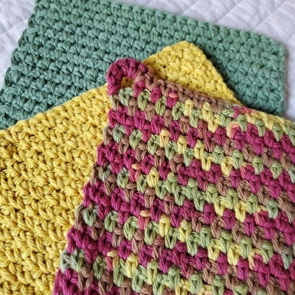 3 CROCHET DISHCLOTH WASHCLOTH 100% COTTON HANDMADE NEW Sage Green Yellow… - Picture 2 of 10
